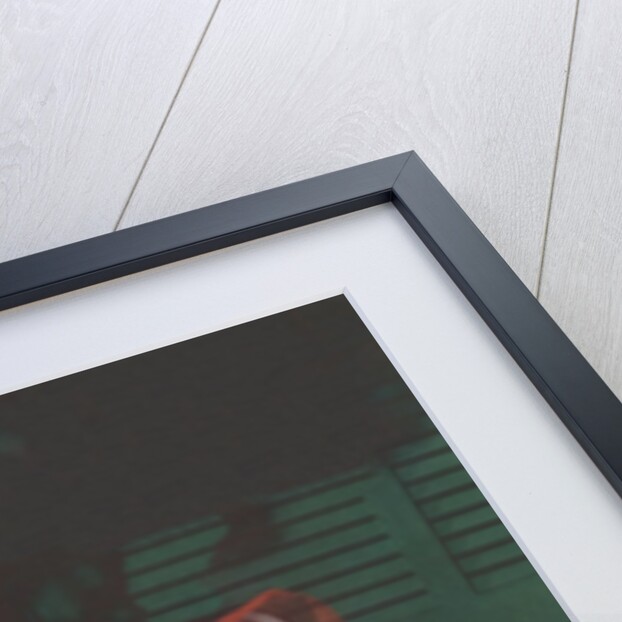 Woman with picture hat on front porch by Anonymous