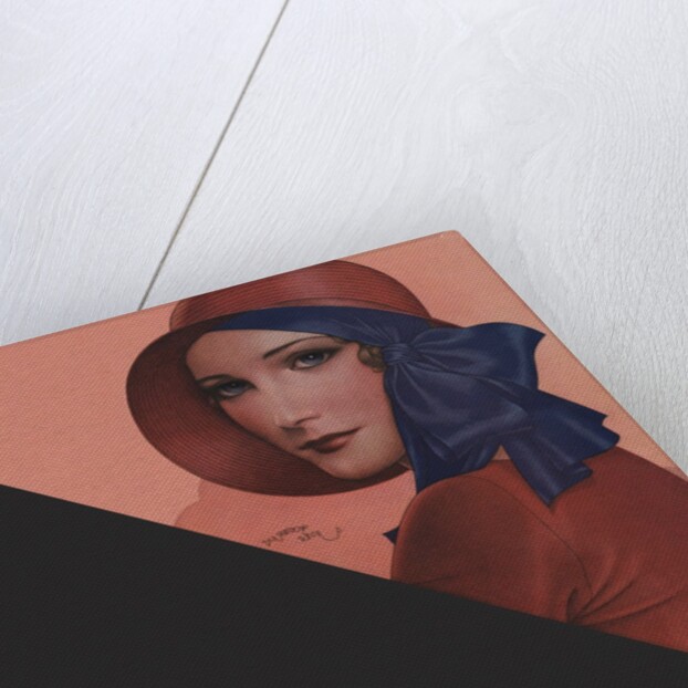 Woman with red hat and blue ribbon by Anonymous