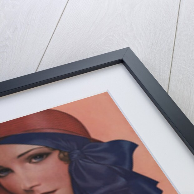 Woman with red hat and blue ribbon by Anonymous