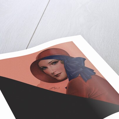 Woman with red hat and blue ribbon by Anonymous