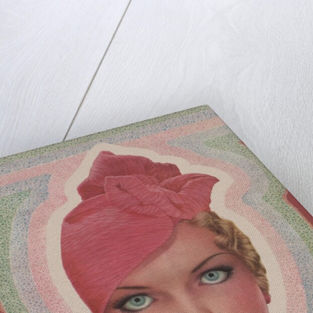 Blue-eyed woman with pink turban style hat by Anonymous