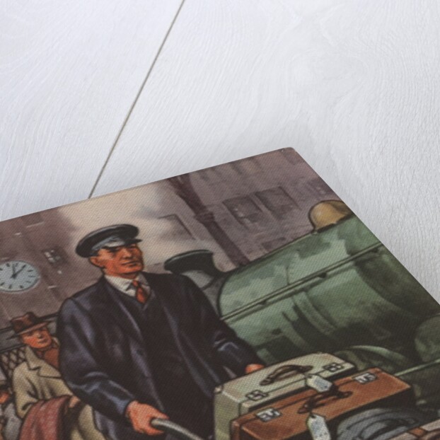 Porter with suitcases at train station by Anonymous