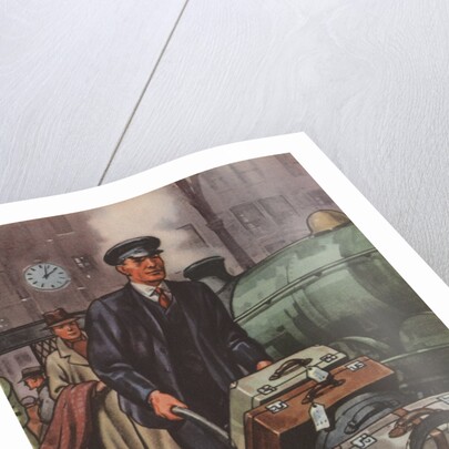 Porter with suitcases at train station by Anonymous