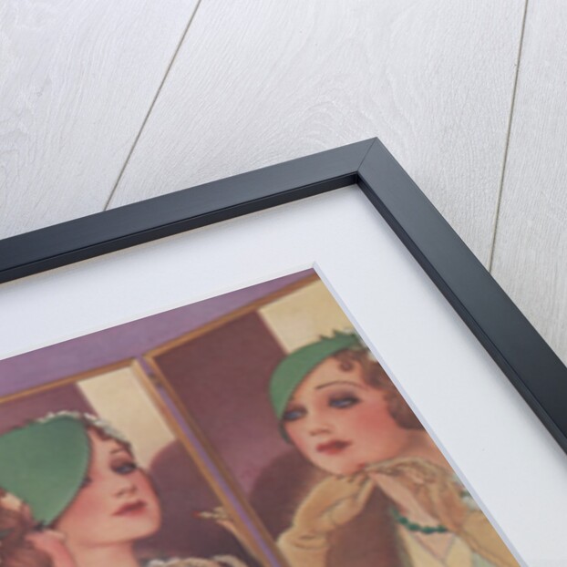 Woman in green hat at mirror by Anonymous