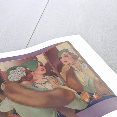 Woman in green hat at mirror by Anonymous