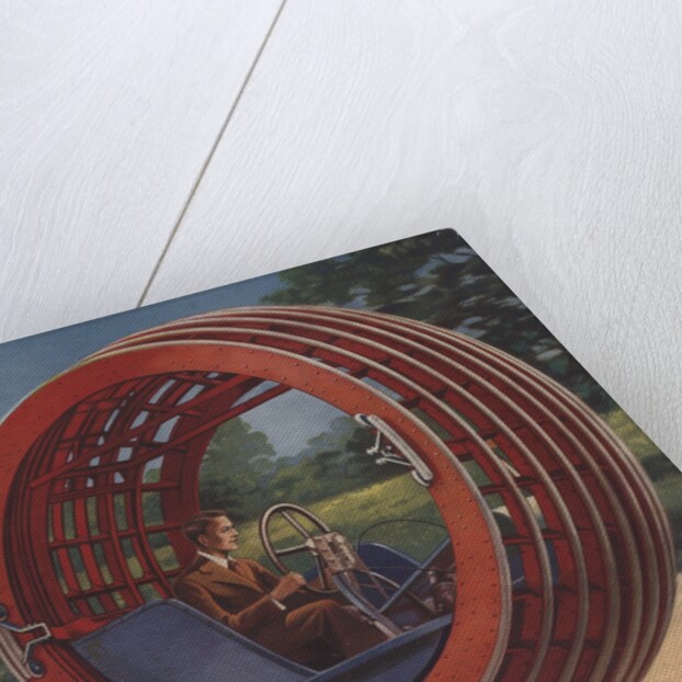 Man in futuristic round car by Anonymous