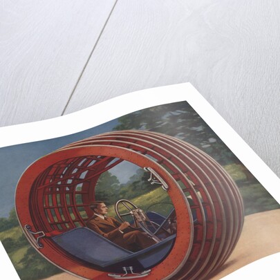 Man in futuristic round car by Anonymous