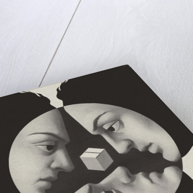 Three faces staring at cube by Anonymous
