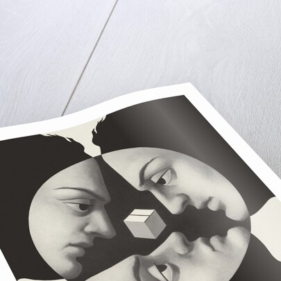 Three faces staring at cube by Anonymous
