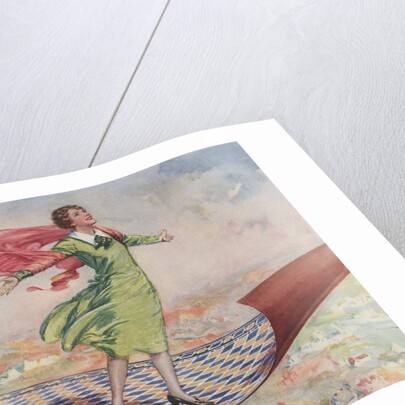 Woman flying on carpet by Anonymous