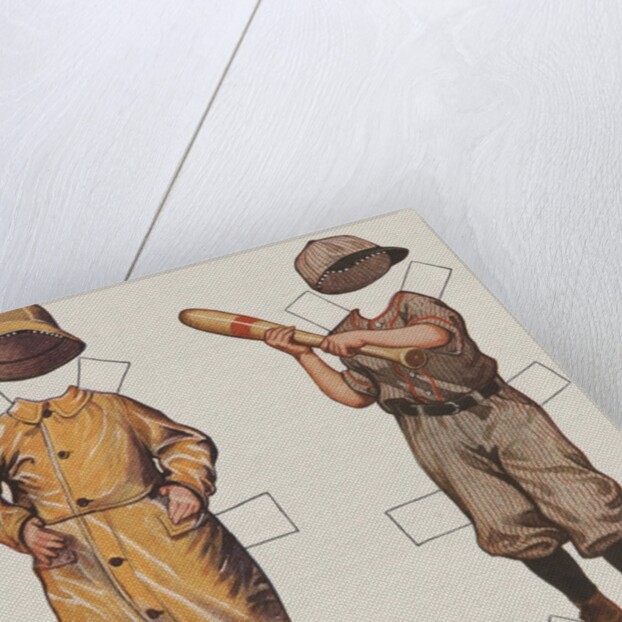 Paper doll boy with baseball uniform and rain slicker by Anonymous