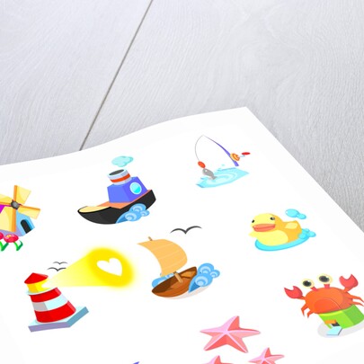 Various animals with boats on a white background by Anonymous