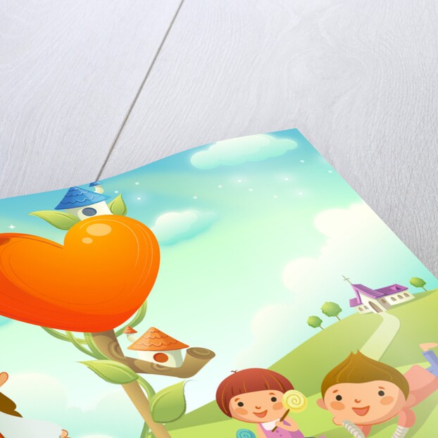 Figure of Jesus Christ watering a plant and two children playing on the grass by Anonymous