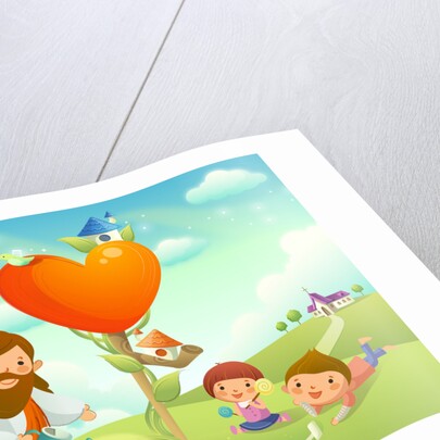 Figure of Jesus Christ watering a plant and two children playing on the grass by Anonymous