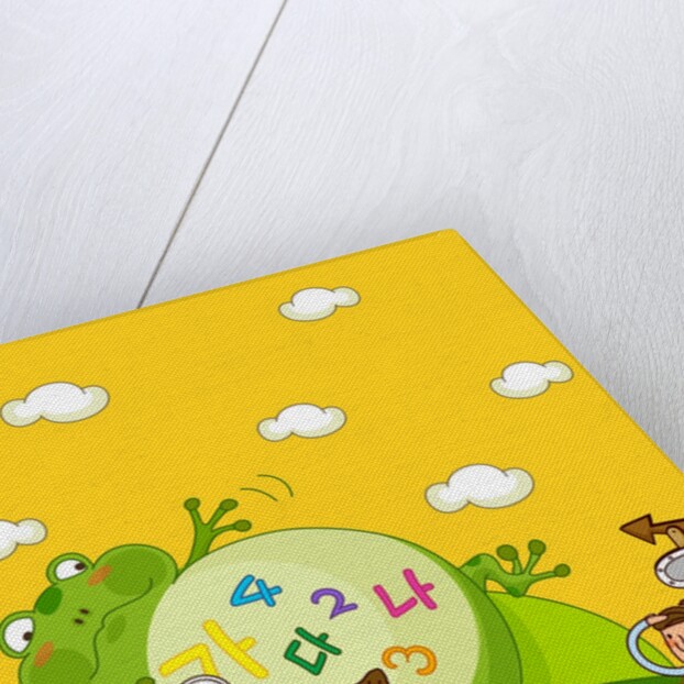 Girl holding a magnifying glass with another girl using a laptop near a giant frog by Anonymous