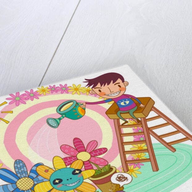 Boy sitting on ladder, watering potted plant by Anonymous