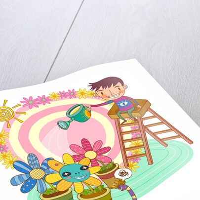 Boy sitting on ladder, watering potted plant by Anonymous