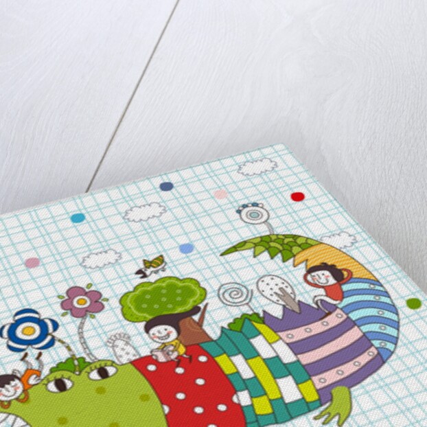 Side view of children on crocodile back by Anonymous