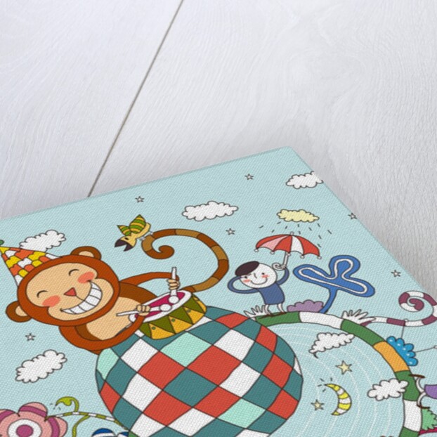 Children playing with toy monkey by Anonymous