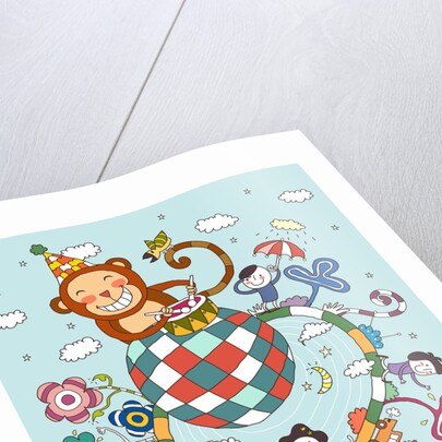 Children playing with toy monkey by Anonymous