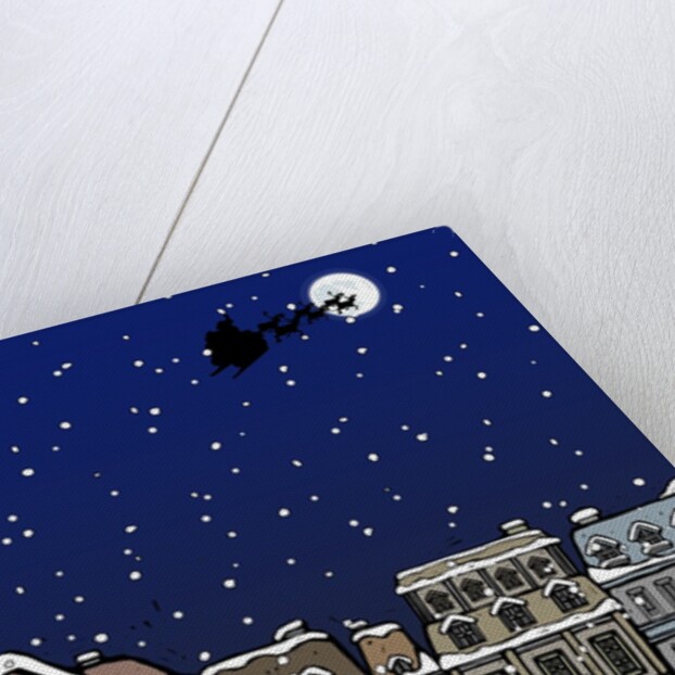 Silhouette of a Santa Claus on a sleigh flying over a city at night by Anonymous