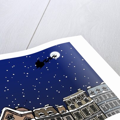 Silhouette of a Santa Claus on a sleigh flying over a city at night by Anonymous