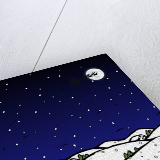 High angle view of snow covered houses in a town and silhouette of reindeers over moon in the sky at night by Anonymous