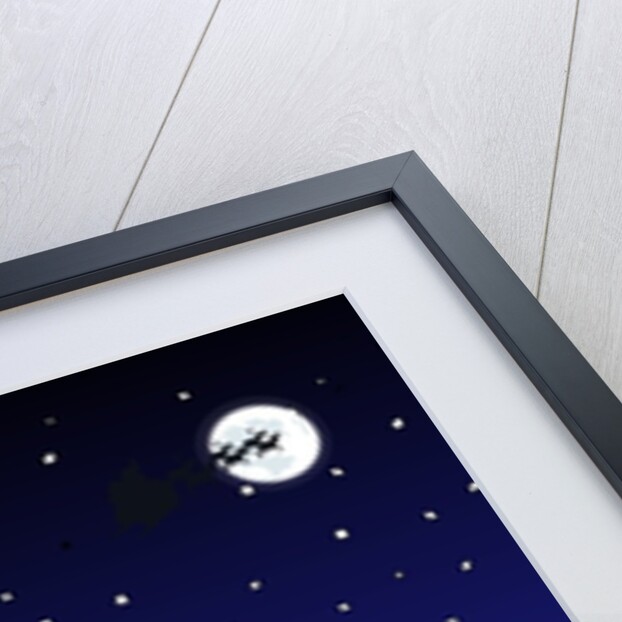 High angle view of snow covered houses in a town and silhouette of reindeers over moon in the sky at night by Anonymous