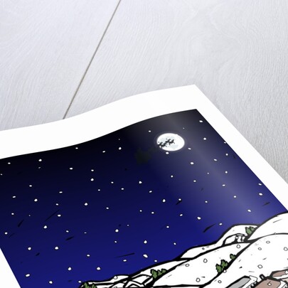 High angle view of snow covered houses in a town and silhouette of reindeers over moon in the sky at night by Anonymous