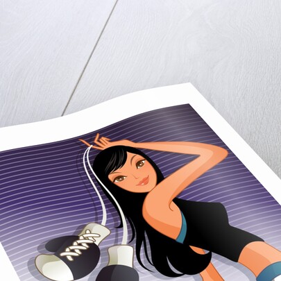 Woman holding boxing gloves against striped background by Anonymous