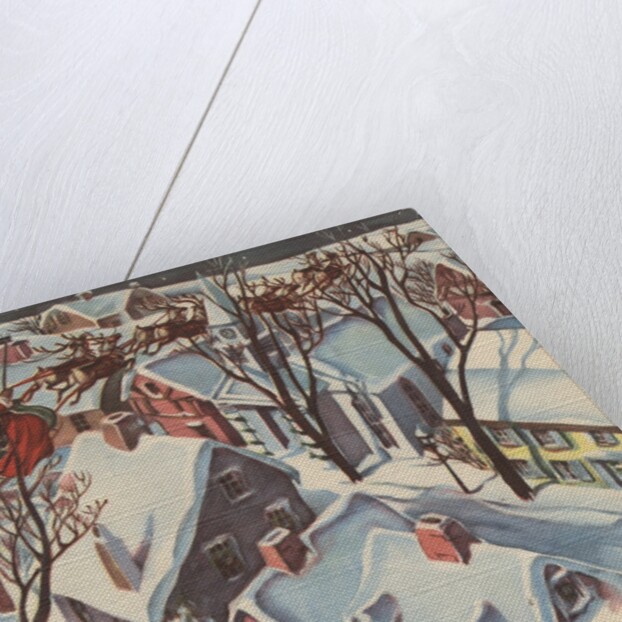 Santa Claus in sleigh flying over houses by Anonymous