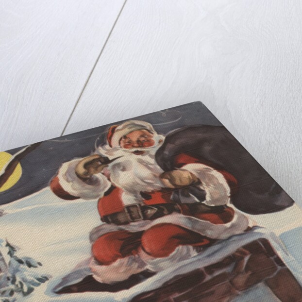 Santa Claus going down chimney with sack of toys by Anonymous