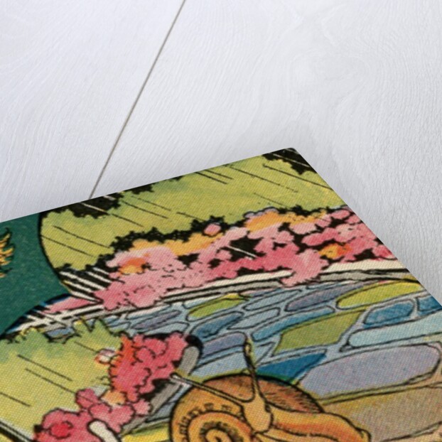 Boy looking at large snail in rain by Anonymous