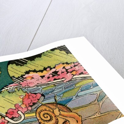 Boy looking at large snail in rain by Anonymous