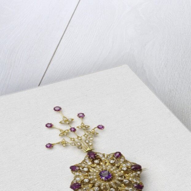Spinel and diamond sarpesh with a natural pearl drop by Anonymous