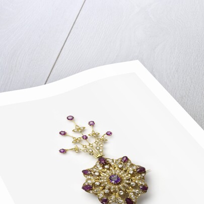 Spinel and diamond sarpesh with a natural pearl drop by Anonymous