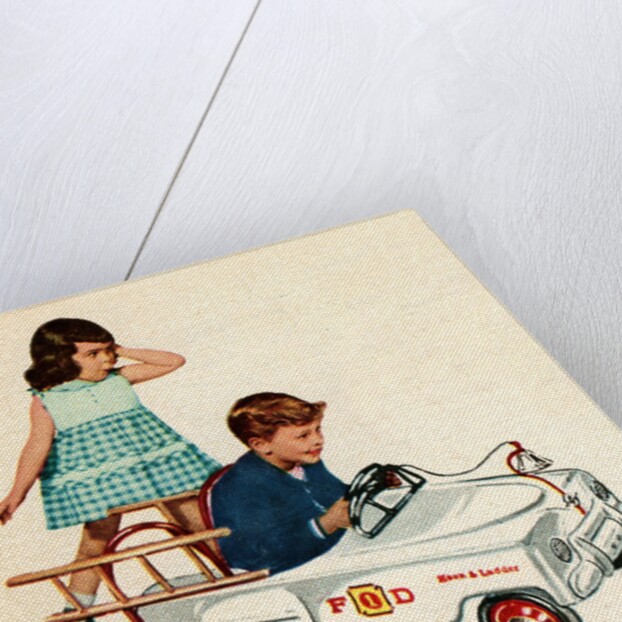 Children playing with toy fire engine by Anonymous