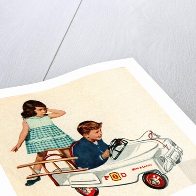 Children playing with toy fire engine by Anonymous