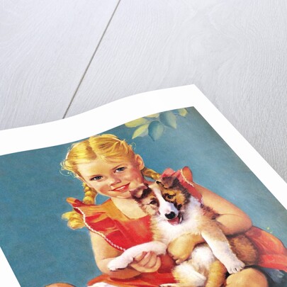 Girl holding collie puppy by Anonymous