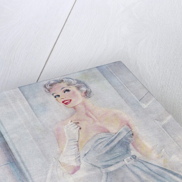 Woman wearing strapless gown and evening gloves by Anonymous