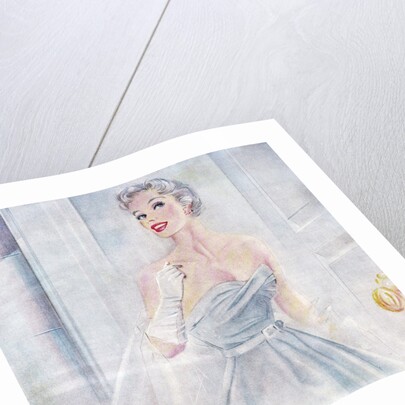 Woman wearing strapless gown and evening gloves by Anonymous