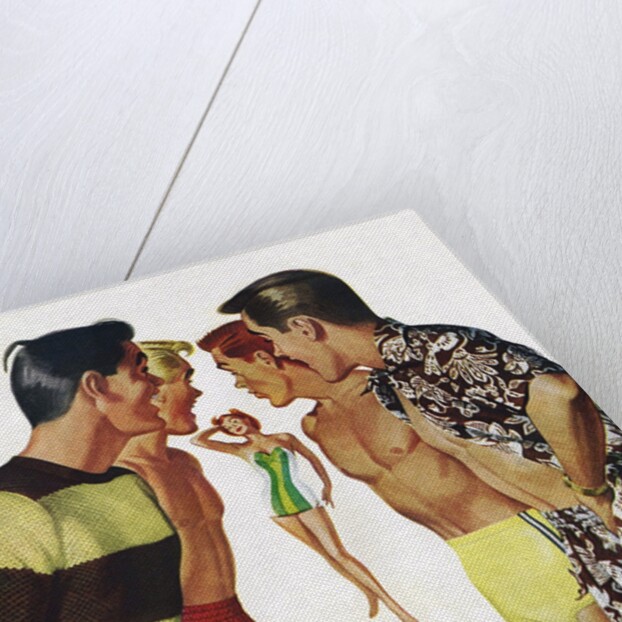 Young men admiring woman in bathing suit by Anonymous