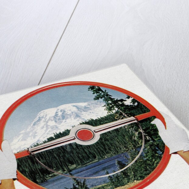 Steering wheel with image of woods and snow-covered mountain by Anonymous