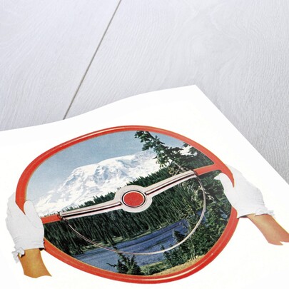 Steering wheel with image of woods and snow-covered mountain by Anonymous