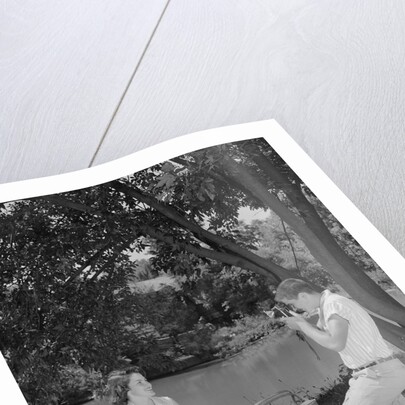 Teenage couple picnic boy taking photograph of girl outdoors by Anonymous