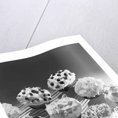 Cupcakes on metal bakers cooling rack decorated with icing sprinkles chips by Anonymous