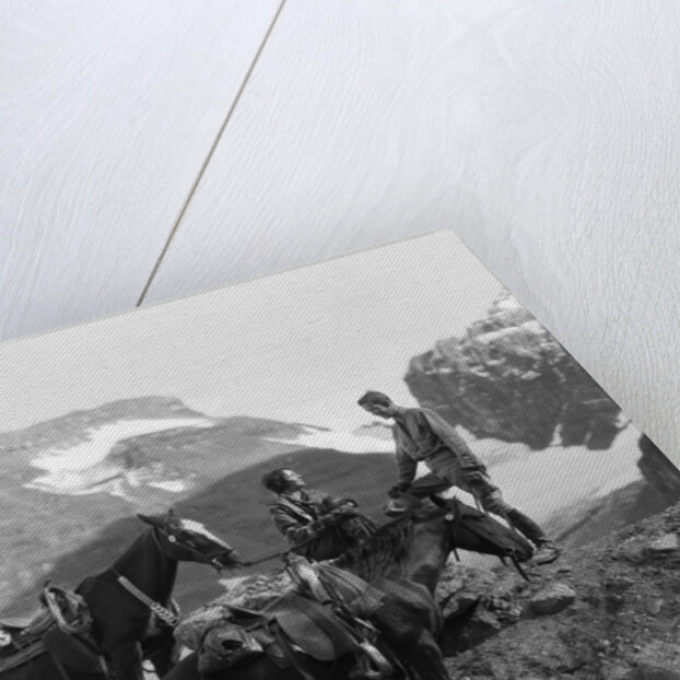 Couple man woman wearing riding gear jodhpurs boots spurs sitting standing on large rock by two horses by Anonymous