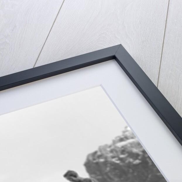 Couple man woman wearing riding gear jodhpurs boots spurs sitting standing on large rock by two horses by Anonymous