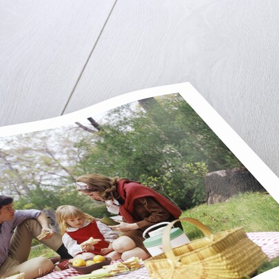 Family mother father girl spring picnic on checkered tablecloth by Anonymous