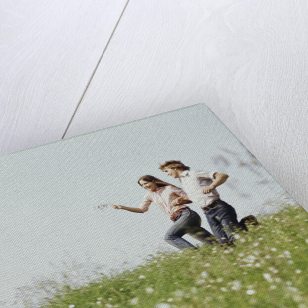 Young teen couple boy girl running field wildflowers by Anonymous